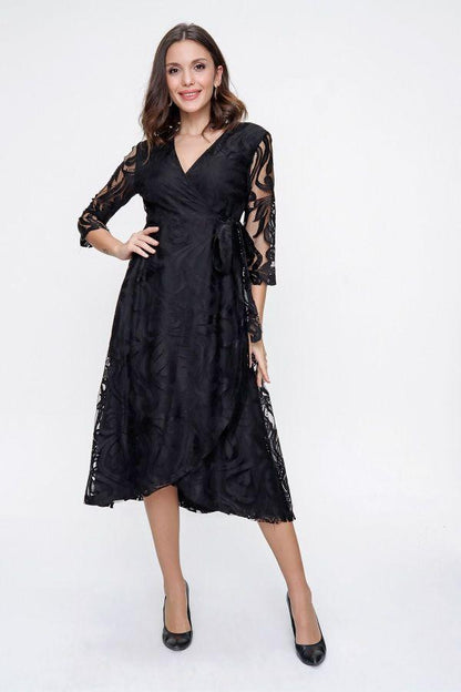 Black double layer lace embroidered overlay dress