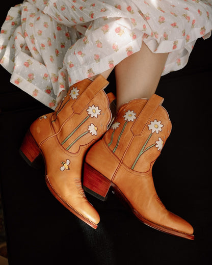 Daisy print leather women's ankle boots