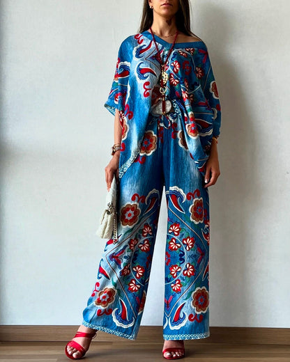 Denim floral print casual loose suit