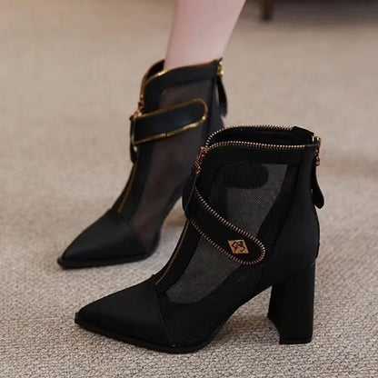 Spun spliced zipper block heel high heels-7cm