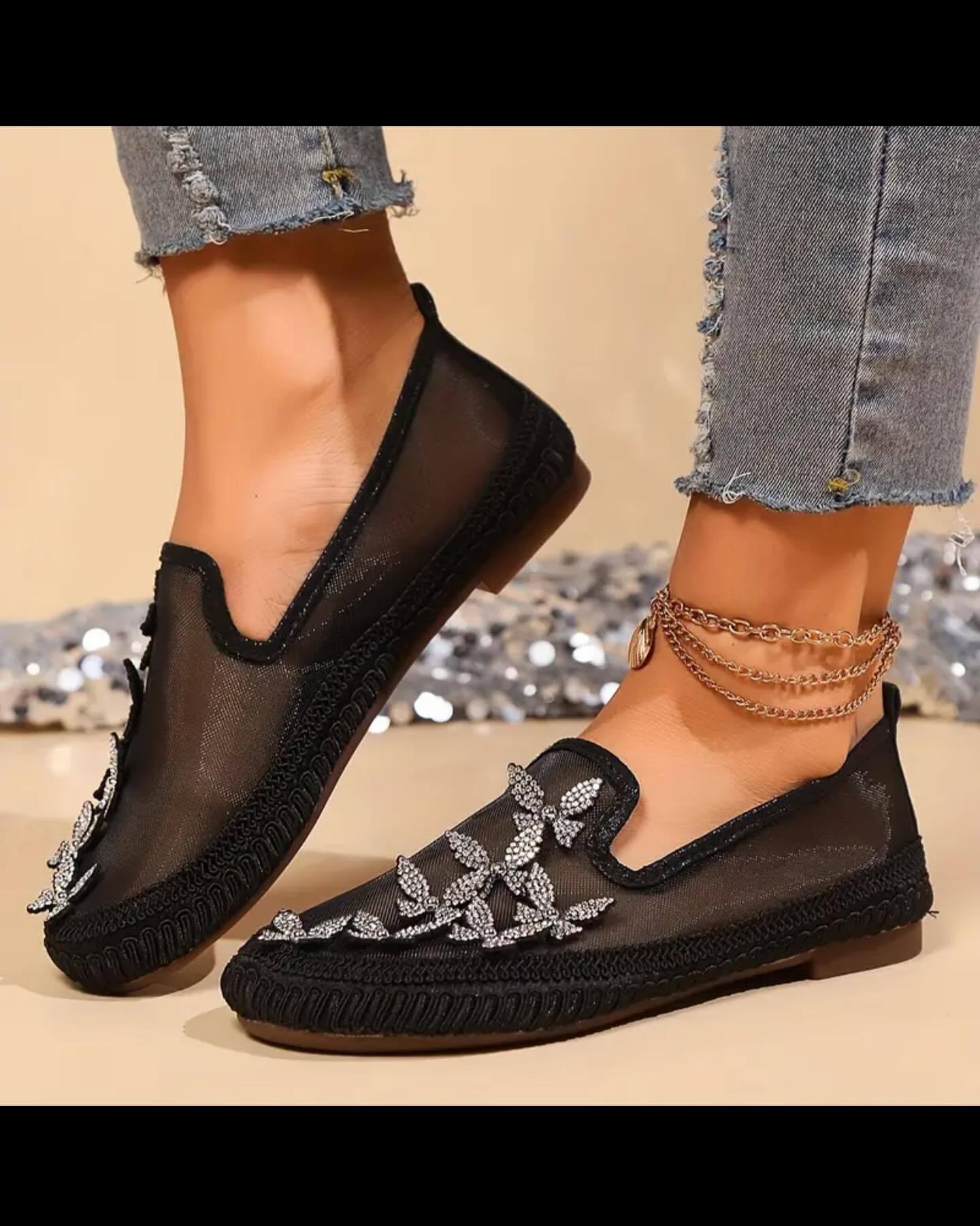 Gauze breathable butterfly pearl decorated casual shoes flats