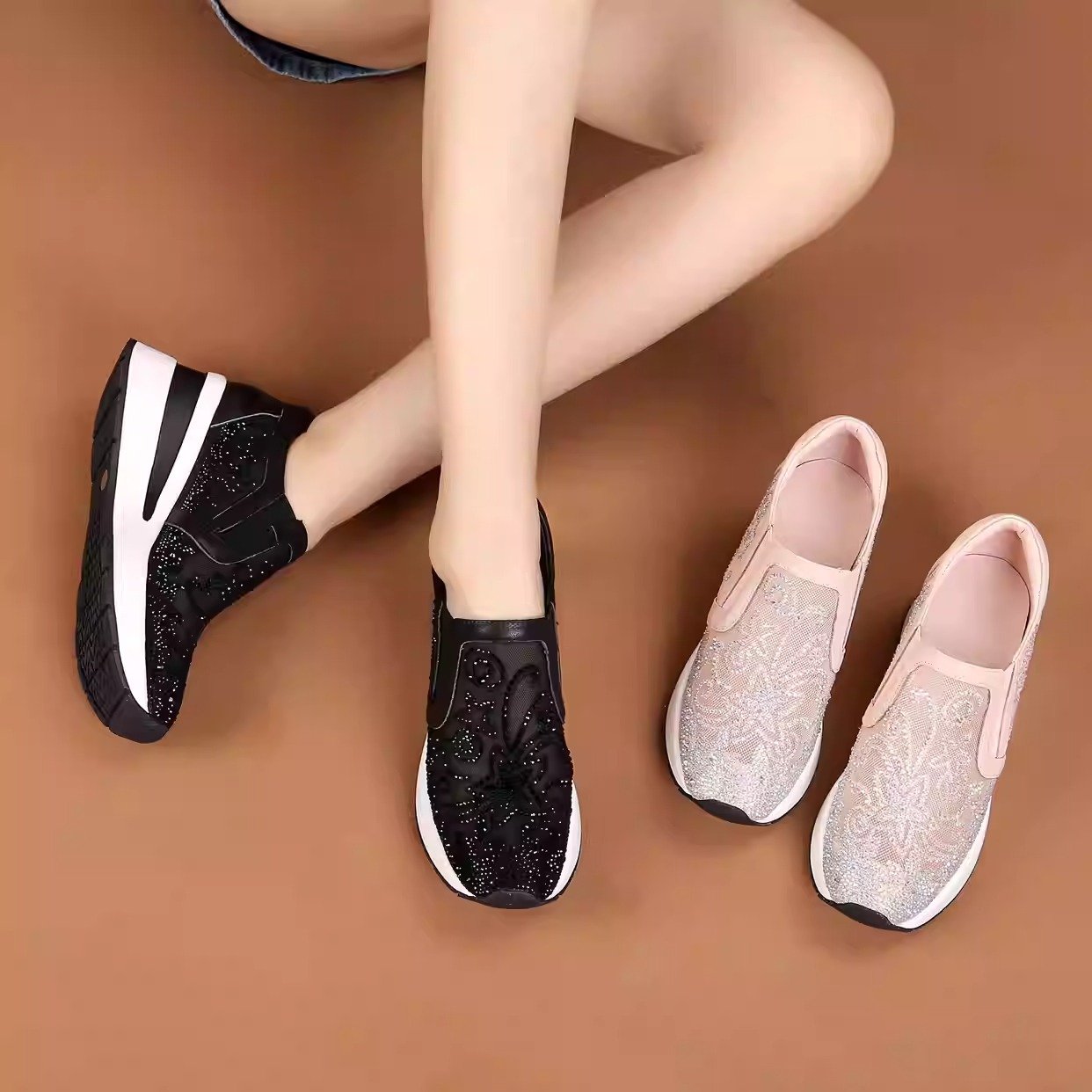 Arch support spinning rhinestone casual shoes