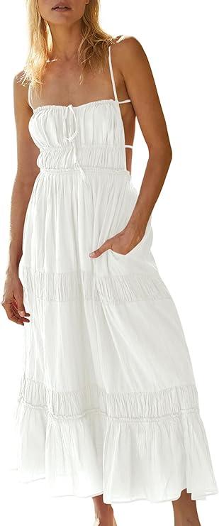 Wenrine Women's Summer Dresses Casual Long Spaghetti Straps Backless Self Tie Tiered Flowy Maxi Dresses with Pockets