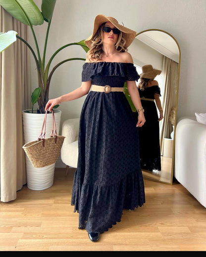 Women's hollow pattern long skirt-waist and off-shoulder design