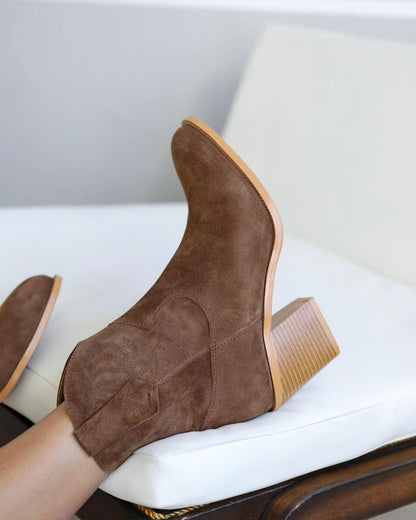 Chunky heel genuine leather low top boots high heels