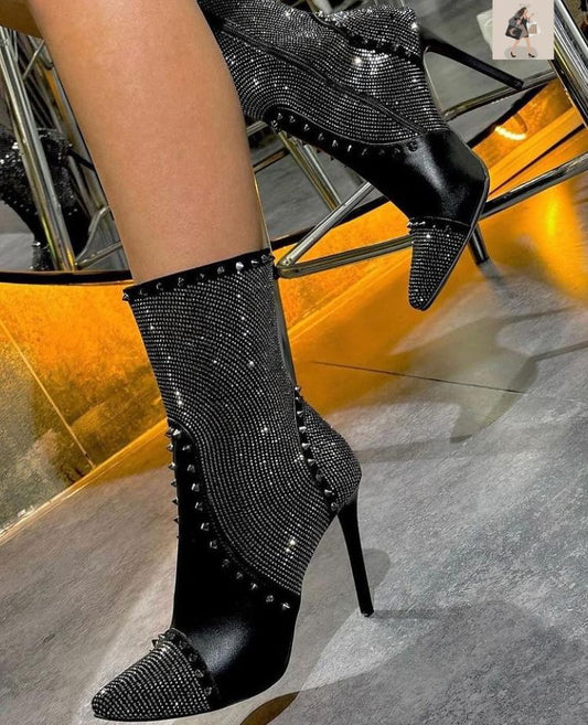 Women's diamond studded high-heeled ankle boots