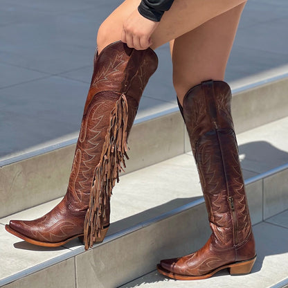 Brown tassel embroidered women's boots