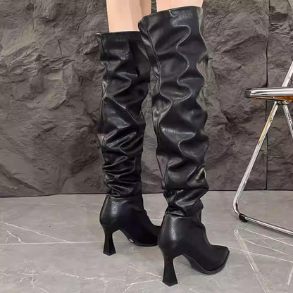 Long soft leather pleated thick heel women's boots