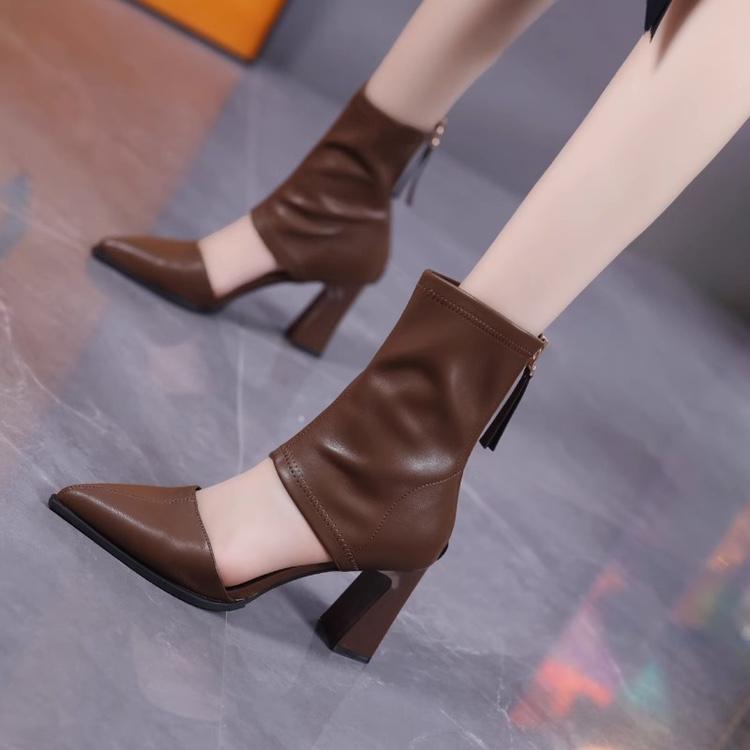 2024 fashionable thick heel leather shoes high heels