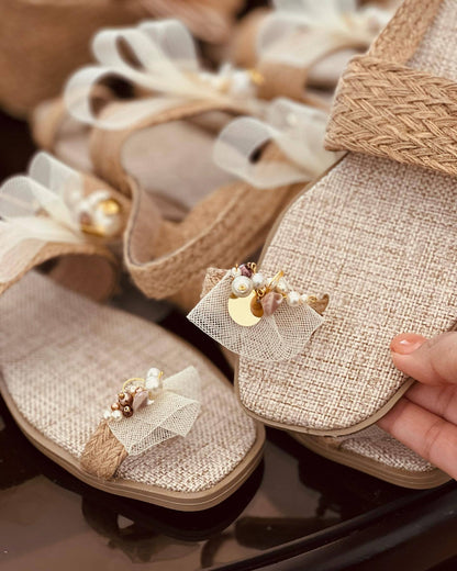 Woven linen sandals-organza decoration