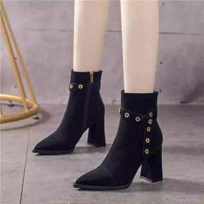 Flower diamond-studded chunky-heeled women's high-heeled boots