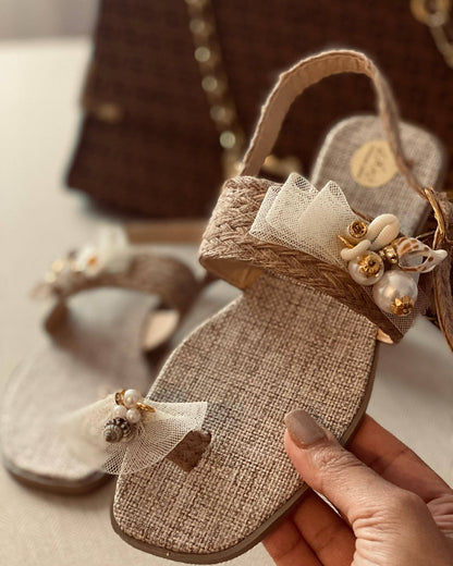 Woven linen sandals-organza decoration