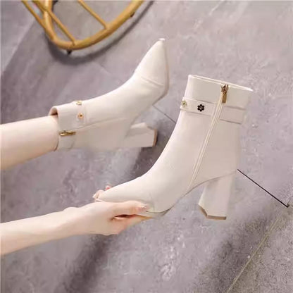 Flower diamond-studded chunky-heeled women's high-heeled boots