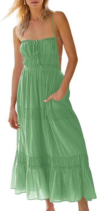 Wenrine Women's Summer Dresses Casual Long Spaghetti Straps Backless Self Tie Tiered Flowy Maxi Dresses with Pockets