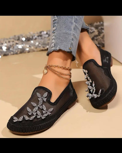 Gauze breathable butterfly pearl decorated casual shoes flats