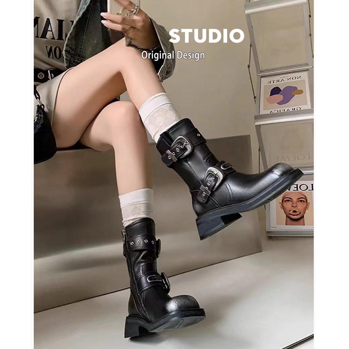 Retro soft sole heighten Martin boots mid-calf boots