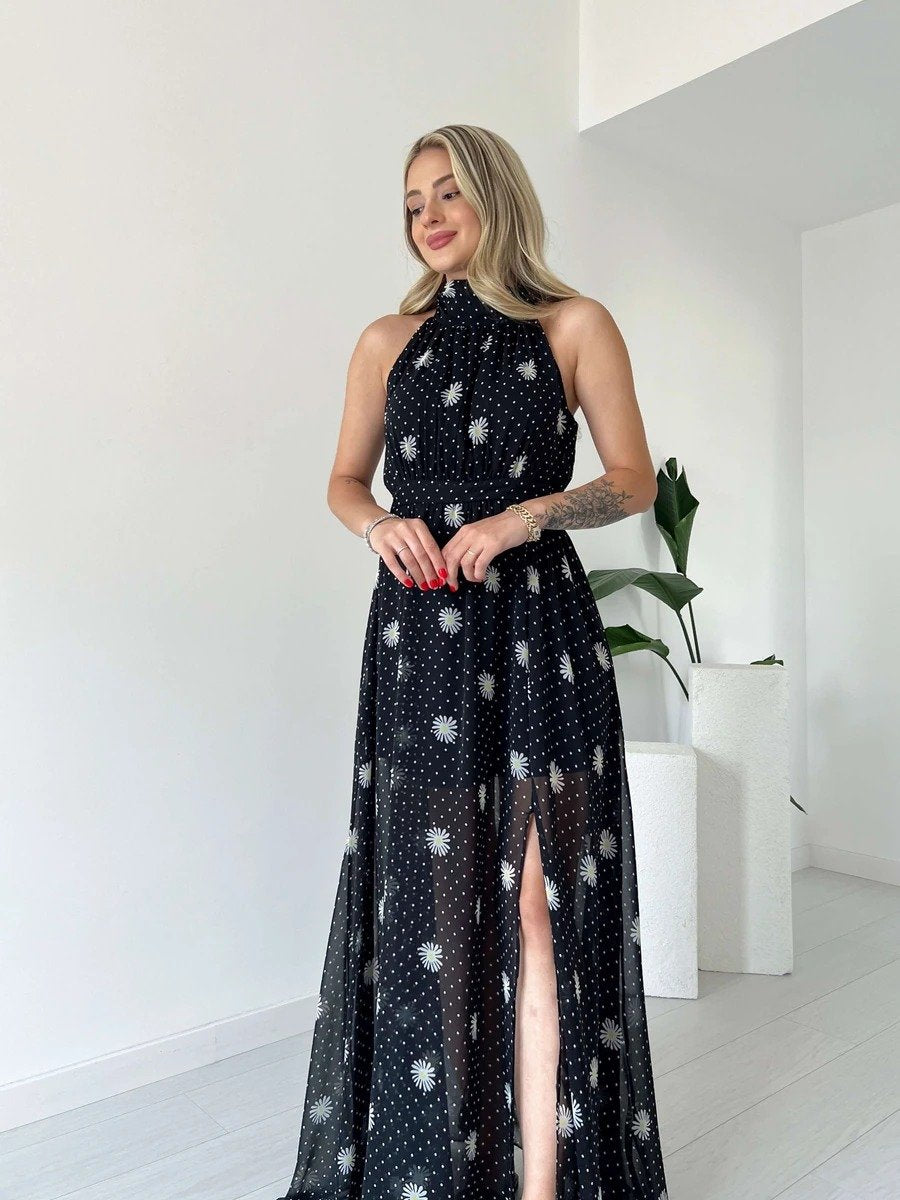 Polka dot halterneck slit dress