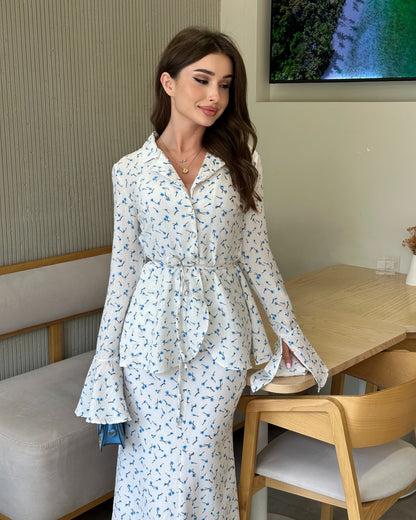 Pure cotton floral dress suit—puff sleeves and V-neck design