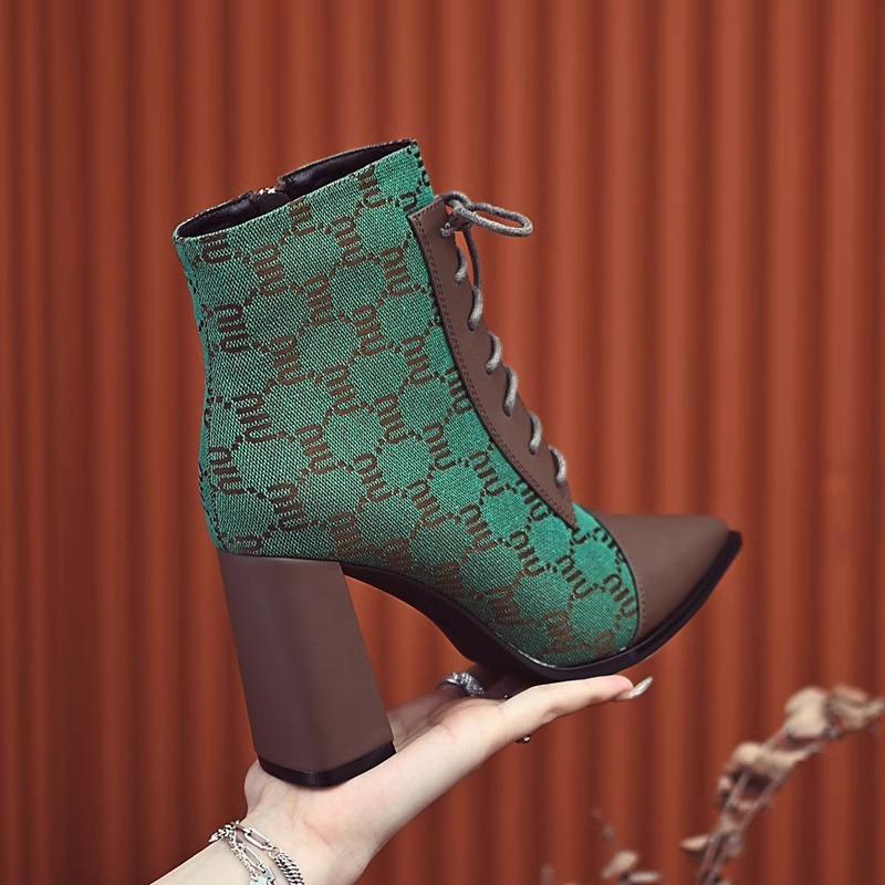 Elastic chunky heel pattern women's boots