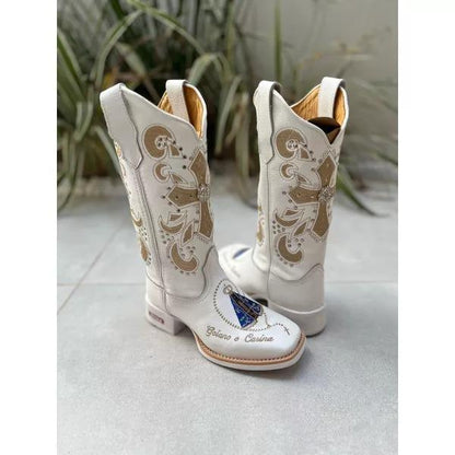 White Leather Embroidered Cross Women's Boots