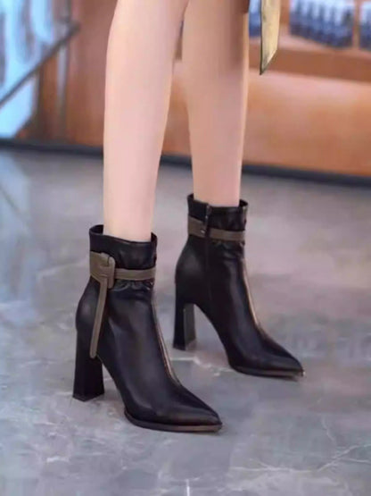 Genuine leather low heel thick heel women's boots