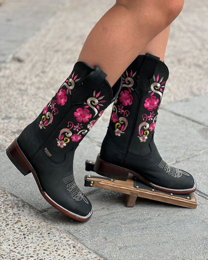 Women's Black Floral Embroidered Mid Boots