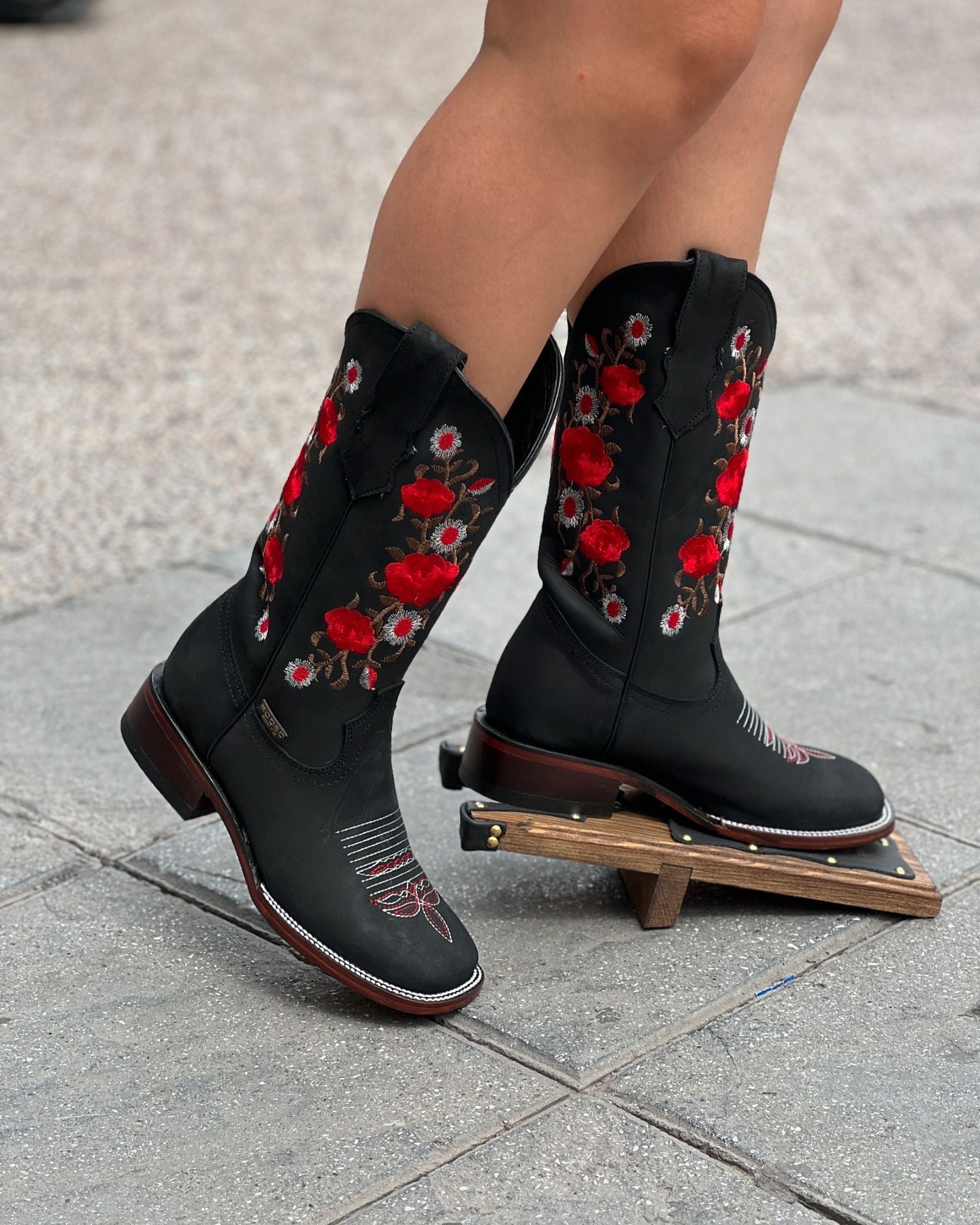 Women's Black Floral Embroidered Mid Boots