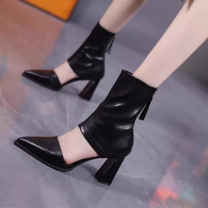 2024 fashionable thick heel leather shoes high heels