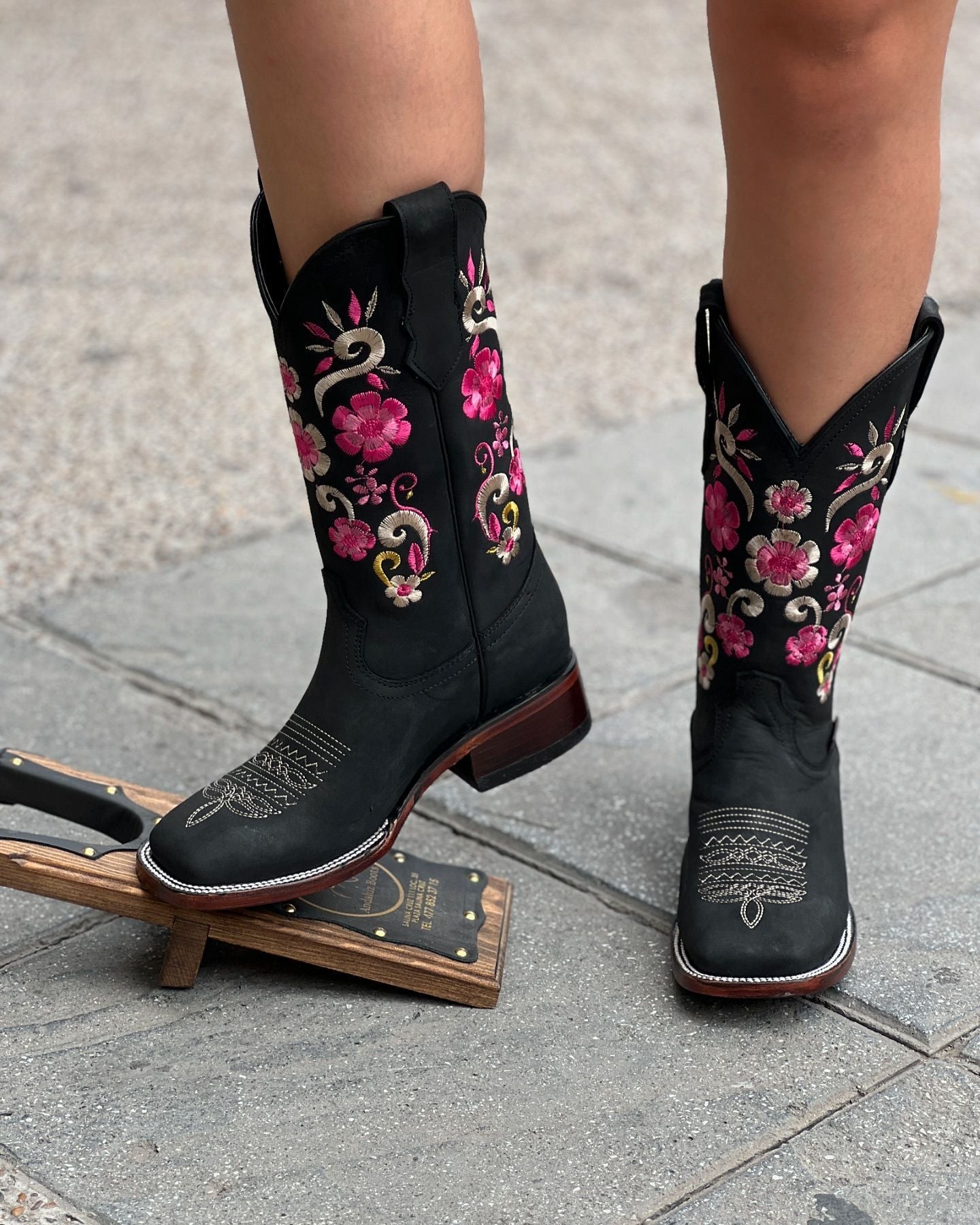 Women's Black Floral Embroidered Mid Boots