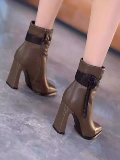 Genuine leather low heel thick heel women's boots