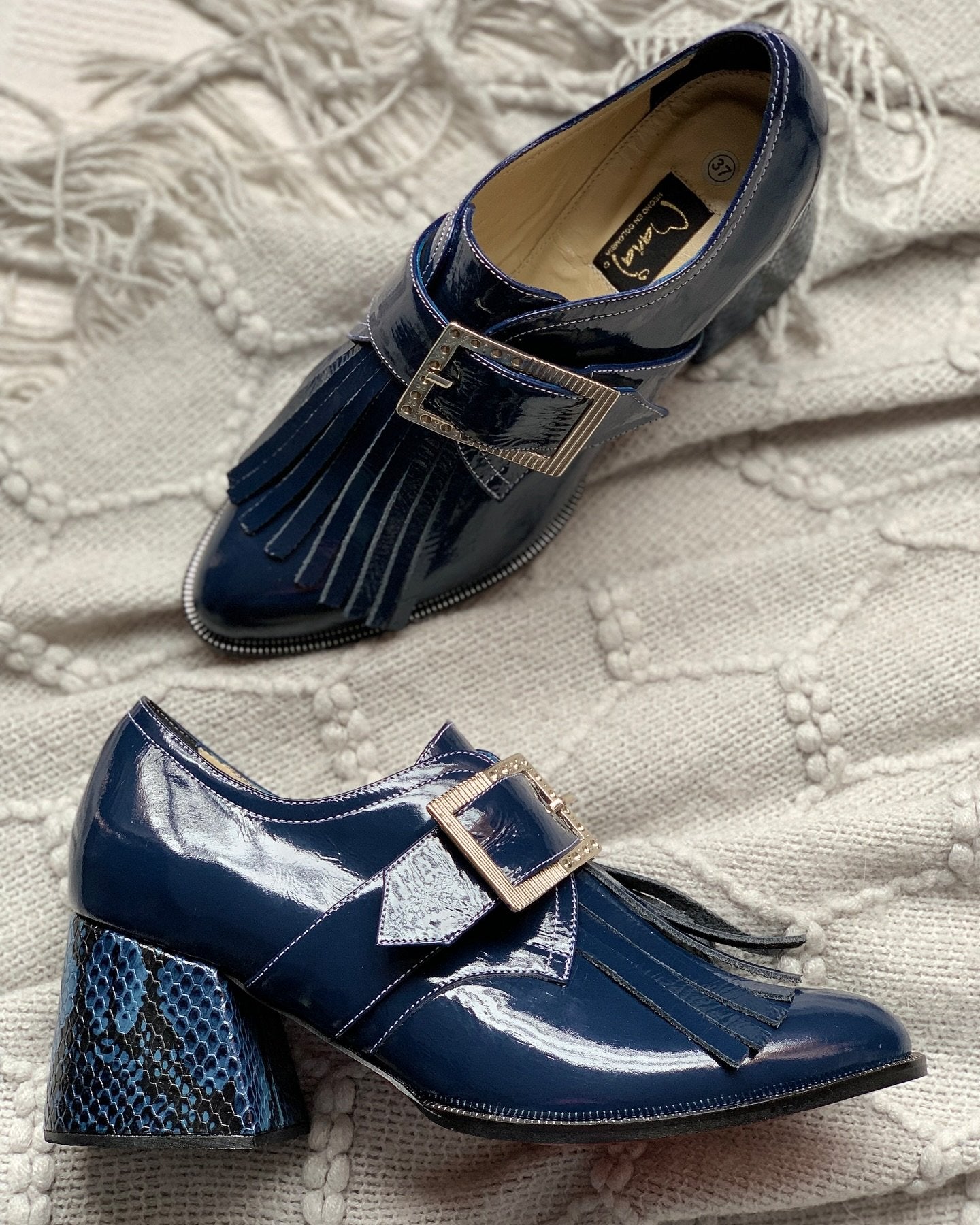 Blue shiny leather low heel women's boots