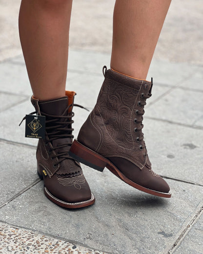 Brown embroidered patchwork irregular pattern short boots