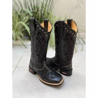 Black leather simple embroidered diamond boots for women