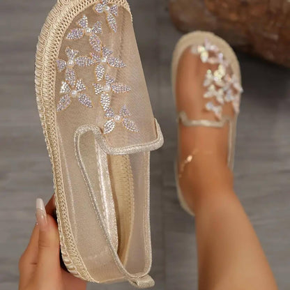 Gauze breathable butterfly pearl decorated casual shoes flats