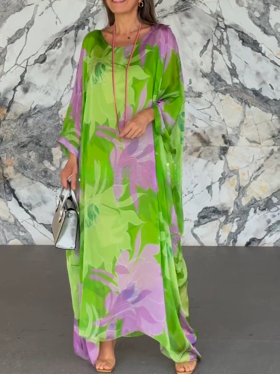 Spring and Autumn Round Neck Long Sleeve Printed Long Skirt