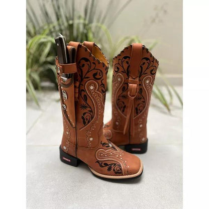 Leather embroidered women's boots - with sheath + cord