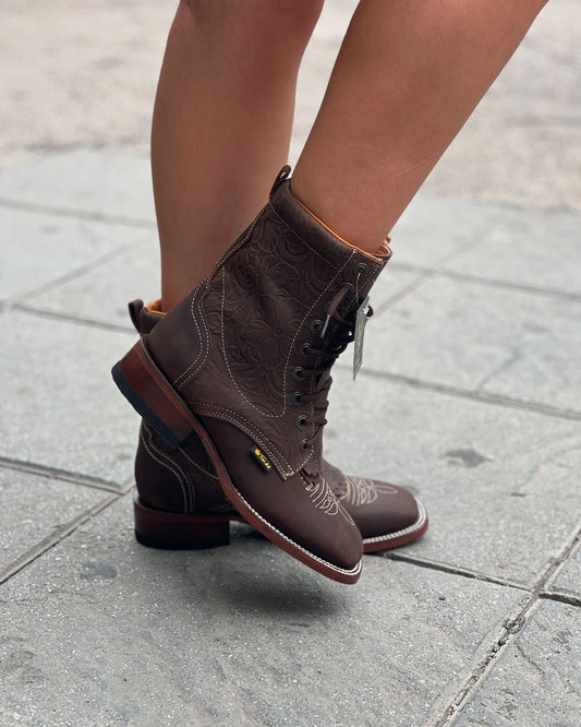 Brown embroidered patchwork irregular pattern short boots