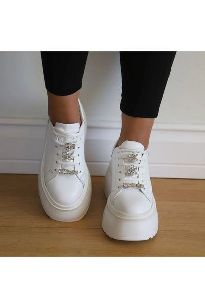 Thick sole leather diamond casual sneakers for women