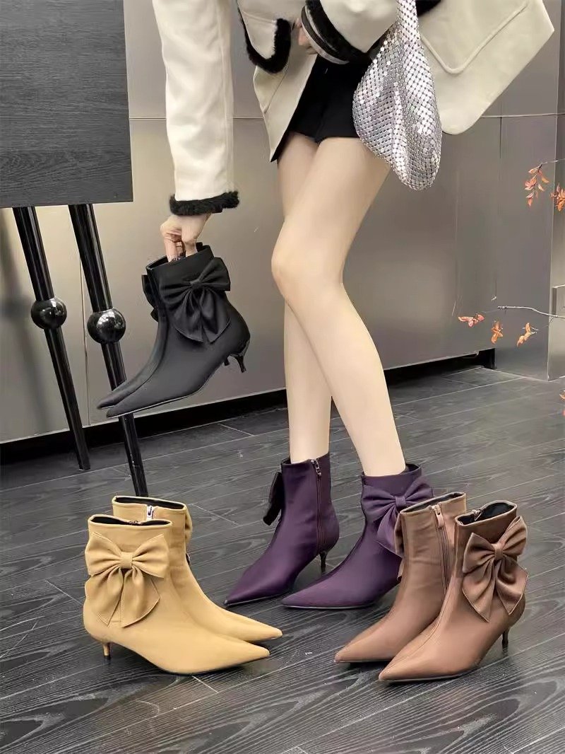 Pointed toe French bow women's short boots