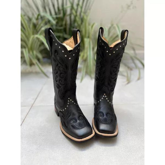 Black leather simple embroidered diamond boots for women