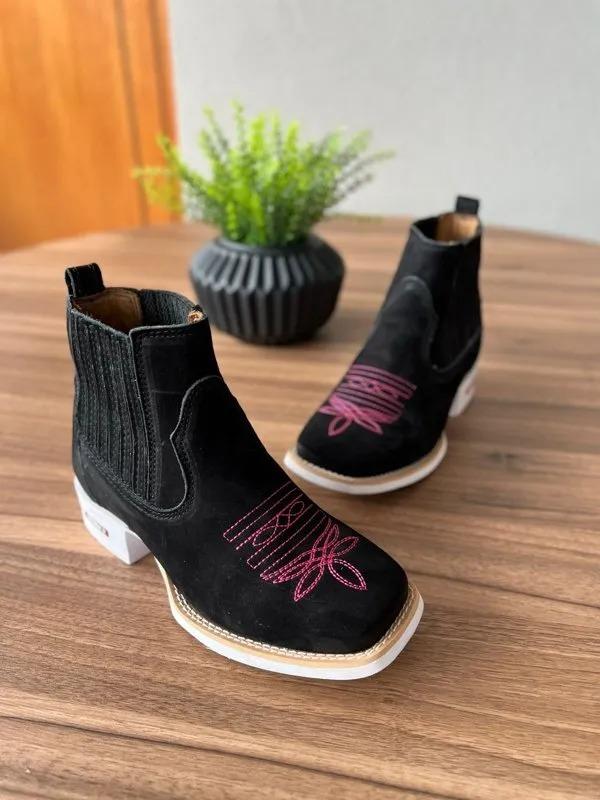 Black embroidered pattern elasticated ankle boots