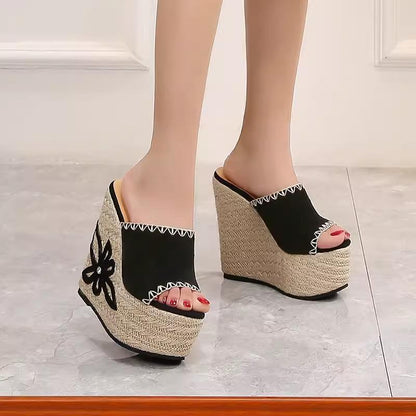 Heightened suede woven slippers-14cm