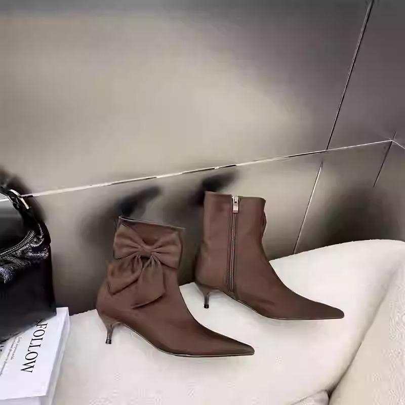 Pointed toe French bow women's short boots