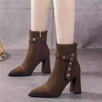 Flower diamond-studded chunky-heeled women's high-heeled boots