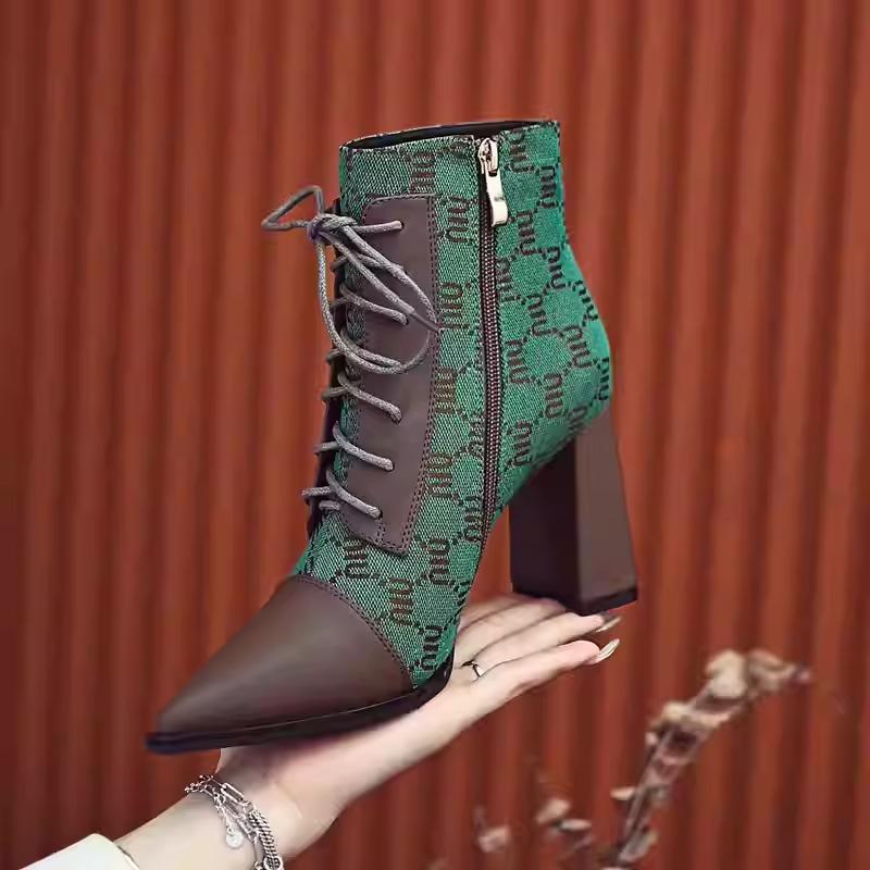 Elastic chunky heel pattern women's boots