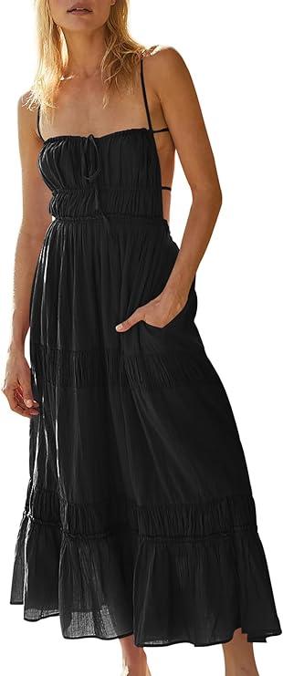 Wenrine Women's Summer Dresses Casual Long Spaghetti Straps Backless Self Tie Tiered Flowy Maxi Dresses with Pockets