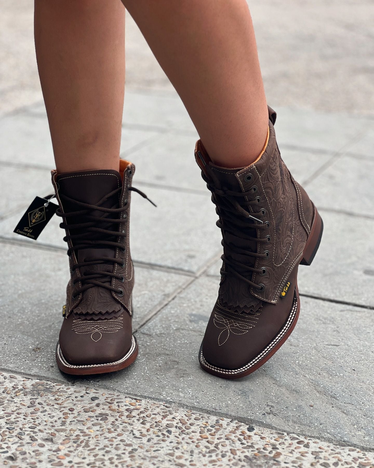 Brown embroidered patchwork irregular pattern short boots