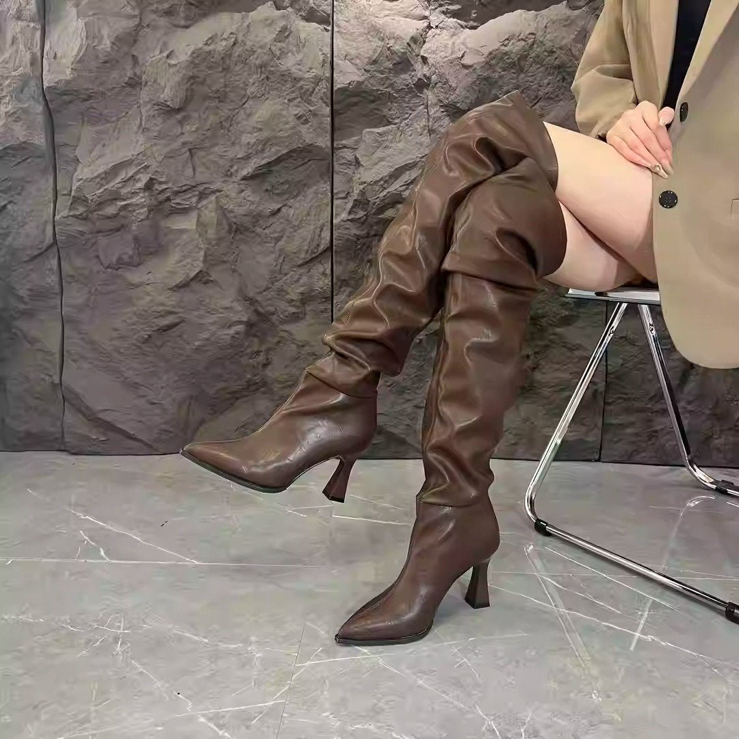 Long soft leather pleated thick heel women's boots