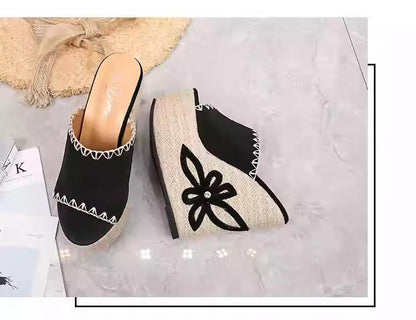 Heightened suede woven slippers-14cm