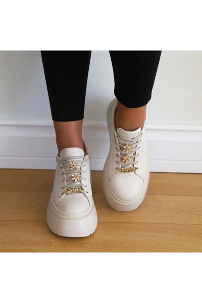 Thick sole leather diamond casual sneakers for women